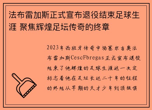 法布雷加斯正式宣布退役结束足球生涯 聚焦辉煌足坛传奇的终章